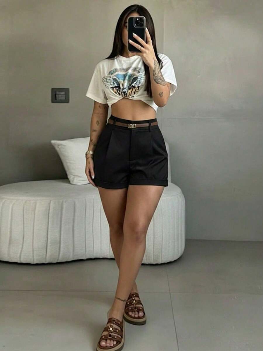 Women's High-Waisted Pleated Suit Shorts, Plain, Soft Fabric, Black, Slim Fit, Wide Straight Leg, Casual Style For Summer Office, Without Belt - 黑色 - 查看 1
