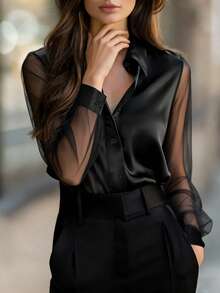 Camicetta elegante e versatile in chiffon semi-trasparente nero, di moda, adatta per primavera/estate - nero - Visualizzare 3