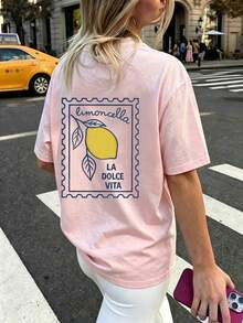 女款夏季義大利風「Sweet Life」檸檬印花T恤，極簡藝術風，義大利風粉色休閒款 - 粉色 - 查看 8