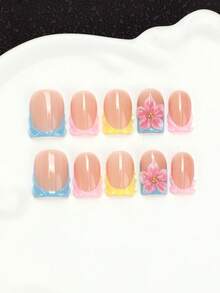 10pcs Handmade Acrylic Press-On Nails, French Short Square Shape, 3D Colorful Ribbon & Hand-Painted Floral Design, Y2K Sweet Style, Multi-Layer Gel Fake Nails, Reusable & Removable Nail Tips, Includes Nail Tool Kit, Suitable For Daily Wear - Multicolor - View 2