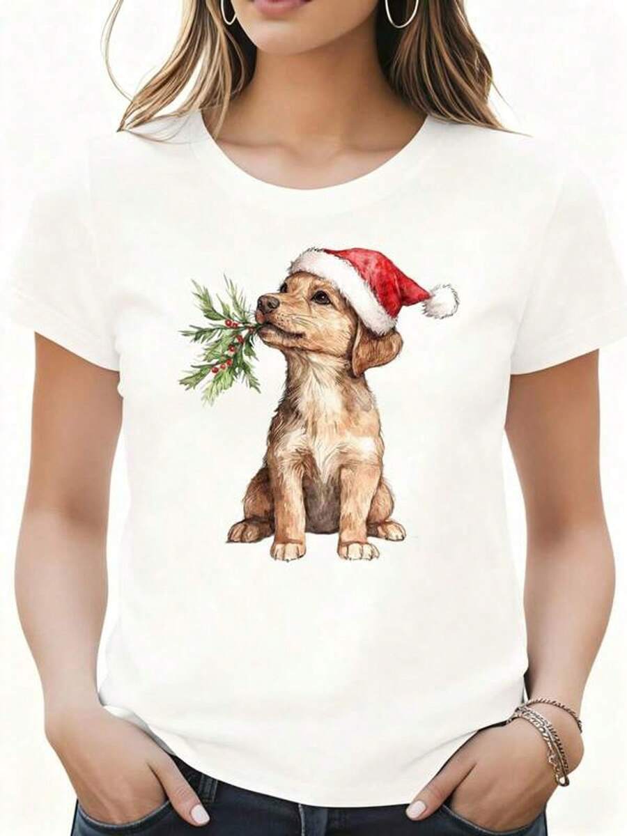 para Mujer Mangas Cortas T Camiseta White Christmas Dog With Santa Hat And Holly Branch Holiday Party Casual Wear Home Travel Festival Party