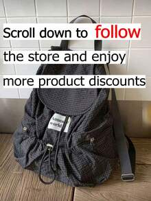 New Fashionable Multifunctional Large Capacity Backpack, Made Of Fashionable Plaid Nylon Material. Features Multiple Pockets, Waterproof, Lightweight, Foldable Drawstring Design, Letter Patch. Suitable For Travel, School Supplies, Portable, Classic Casual Style. Perfect For Women, Teenagers, And Primary/Secondary School Students For School, Outdoor Activities, And Various Occasions. - Black - View 3