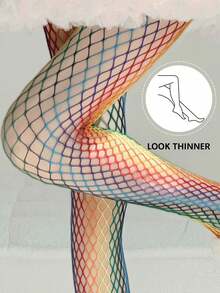 Rainbow Gradient Fishnet Thigh High Stockings, Colorful Hollow Mesh Over-The-Knee Socks, Fashion Nightclub Party Cosplay Women's Hosiery, 1/2 Pairs - Multicolor - View 5