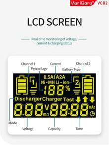 VariCore VCR2 Smart Battery Charger, Supports 3.7V Li-Ion 18650 21700 26650, 3.2V LiFePO4 32700, 1.2V NiMH AA AAA Battery Capacity Testing - Black - View 4