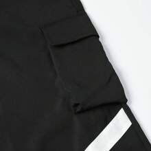 Men's Black Drawstring Waist Side Diagonal Reflective Stripe Cargo Wide Leg Long Pants - Black - View 5