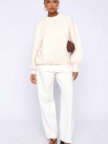 Women's Ribbed Crew Neck Long Sleeve Knit Pullover Sweater, Casual Fitted Comfortable Autumn Top - Apricot - View 7