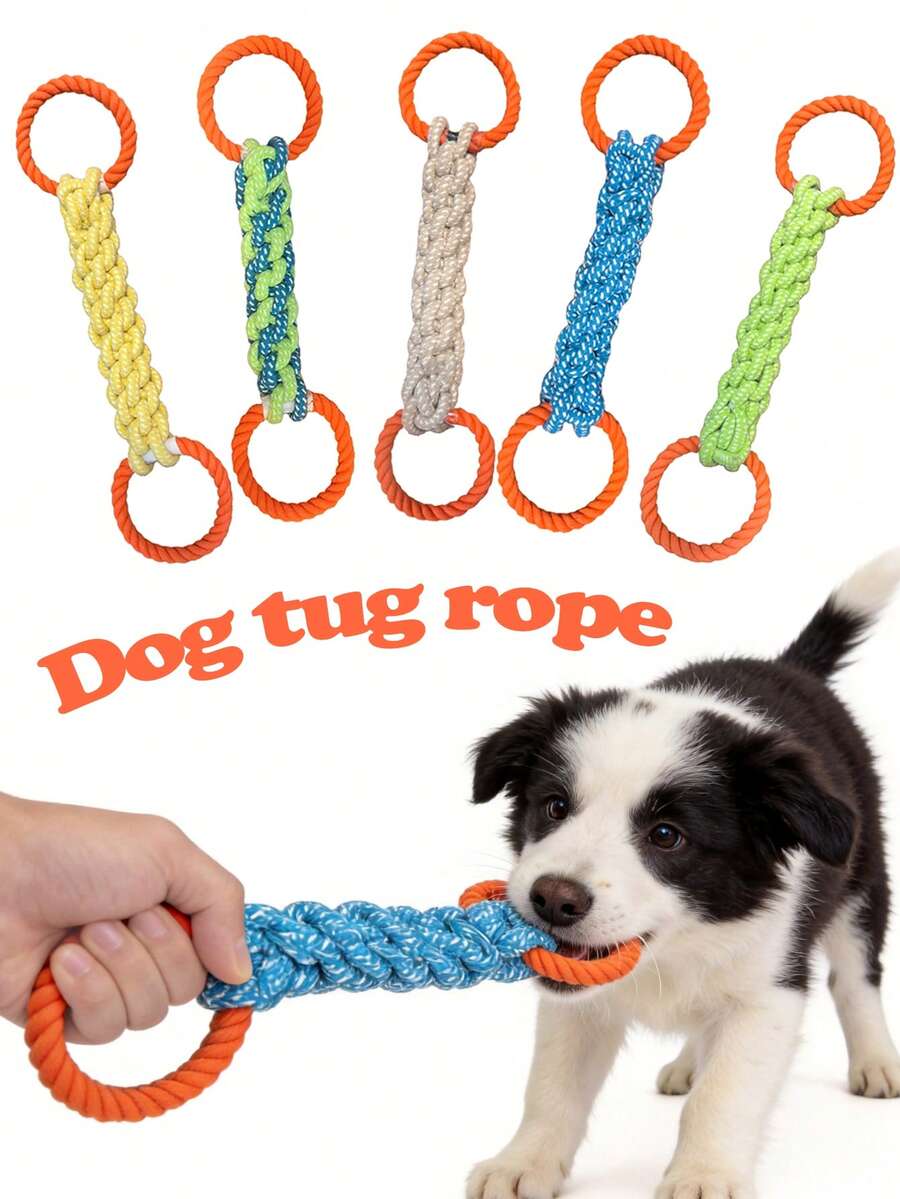 Dog Tug-Of-War Double Ring Rope Knot, Handmade Woven Durable And Bite-Resistant, Teething Toy For Small To Medium Dogs, Interactive Training And Boredom Relief Tool - Multicolor - View 1