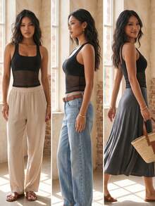 1pc Spring/Summer Women's Tank Top, 2-In-1 Built-In Cup Racerback Mesh Camisole, Casual Sport Yoga Tank Top For Outerwear And Layering - Black - View 4