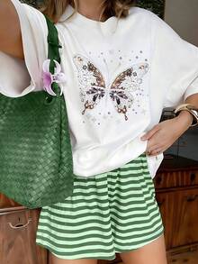 Glamorous Multicolor Rhinestone Butterfly Graphic T-Shirt, 100% Cotton Oversized Soft Breathable Sparkly Tee, Casual Crewneck Short Sleeve Top For Parties & Fashion Lovers - 白色 - 查看 10