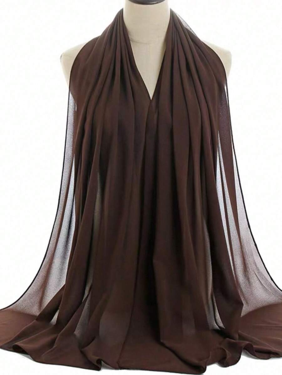 1pc Spring/Summer Casual Versatile Modest Hijab Minimalist Solid Color Soft Breathable Chiffon Scarf - Coffee Brown - View 1