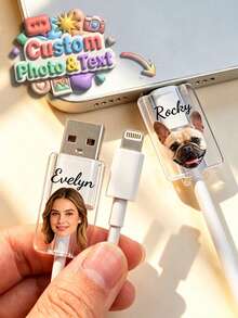 Protector de cable de carga con foto y texto personalizados, protector de cable USB personalizado con nombre e imagen personalizados, decoración de cable acrílica transparente y linda, funda de cable anti-rotura, regalo personalizado único ideal para cumpleaños, días festivos y amigos - Multicolor - Ver 2