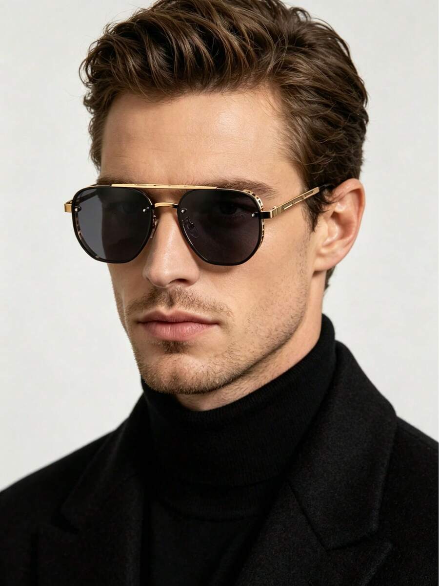FIYLROG Men's Luxury Black Gold Aviator Sunglasses, Double Bridge Metal Frame UV400 Shades - Multicolor - View 1