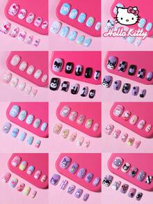 SANRIO 三麗鷗 Hello Kitty 288片/組 (12款混搭) 短方型法式穿戴式假指甲，可愛 3D Hello Kitty、Kuromi、Cinnamoroll 和 Pompompurin 圖案設計，完美貼合壓克力假指甲組，適合女孩日常與派對美甲使用 - 彩色 - 查看 3