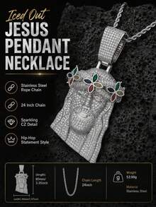 Bling Colorful Four-Leaf Clover Jesus Head Copper Zirconia Pendant Necklace, European And American Rapper Same Style Twisted Chain Necklace, Personalized Accessory For Men - Four-leaf Clover Jesus Pendant Necklace - View 10