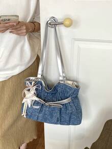 New Fashion Casual Solid Color Denim Fabric Tote Bag Star Pattern Pleated Fabric Women's Shoulder Bag - Blue - View 8