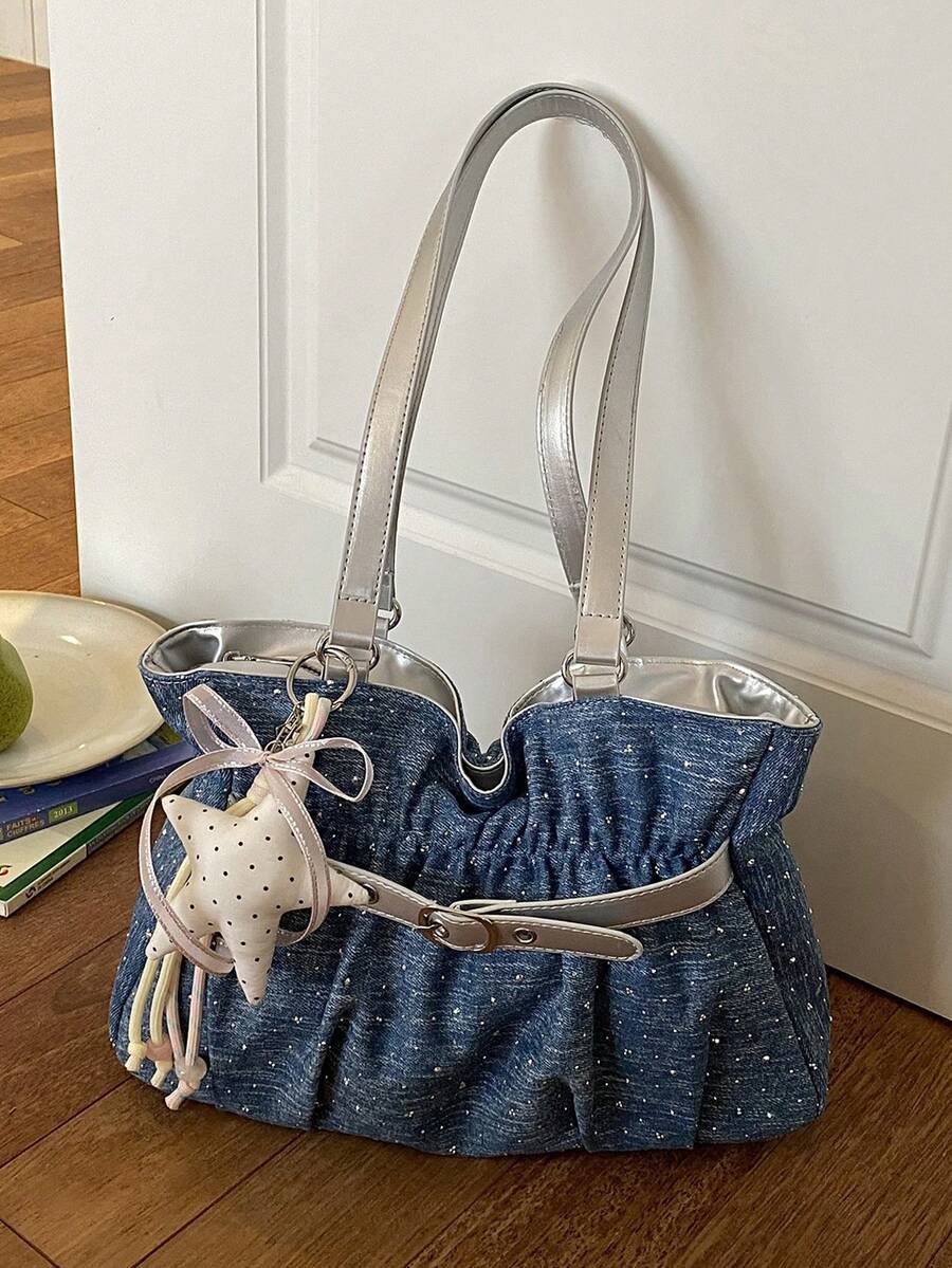 New Fashion Casual Solid Color Denim Fabric Tote Bag Star Pattern Pleated Fabric Women's Shoulder Bag - Blue - View 1