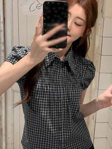 2025新款日系風格女款藍色格紋泡泡袖寬鬆休閒上衣 夏季黑色 - 黑色 - 查看 4