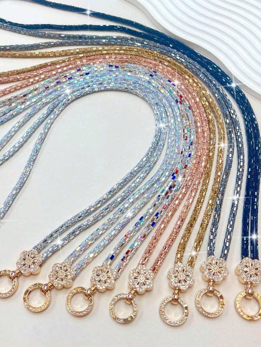 Sparkling Full Rhinestone Gold Flower Phone Lanyard Fashion Long Crystal Phone Chain Women's Crossbody Wrist Handbag Charm - Multicolor - View 1