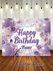 Pancarta personalizable "Feliz Cumpleaños", tema floral púrpura, decorada con rosas rosa claro y púrpura, margaritas, globos púrpuras y acentos florales blancos, creando una atmósfera suave y soñadora, adecuada para fiestas de cumpleaños, niñas - Tipo C - Ver 2