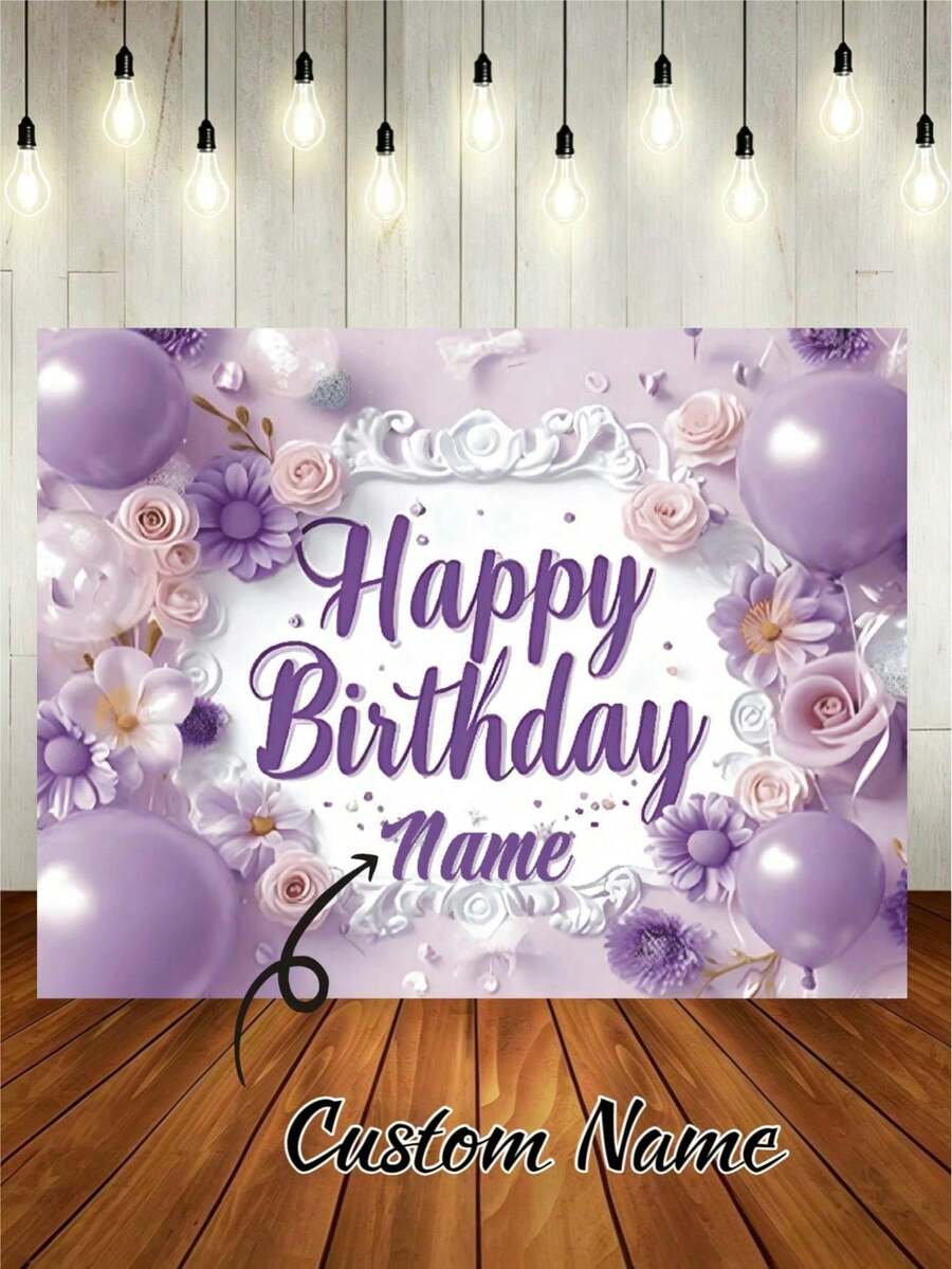 Pancarta personalizable "Feliz Cumpleaños", tema floral púrpura, decorada con rosas rosa claro y púrpura, margaritas, globos púrpuras y acentos florales blancos, creando una atmósfera suave y soñadora, adecuada para fiestas de cumpleaños, niñas
