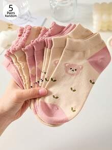 5 Pairs Women's Ankle Socks, Pink Teddy Bear Diamond Lace Mid-Calf Socks, Comfortable For Sports And Daily Wear, Versatile For All Occasions - Multicolor - View 2