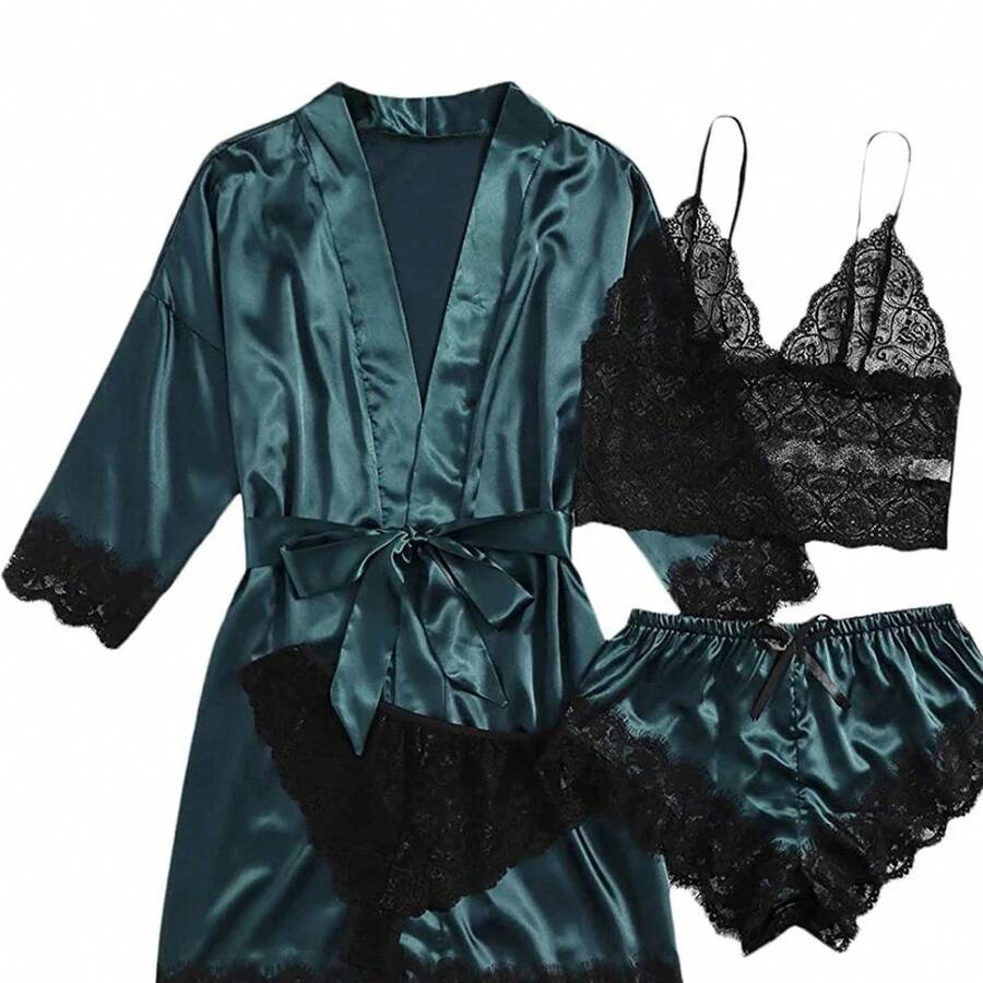 Sexy Women's Pajamas, Nightgowns, Lingerie, Shorts, 4-Piece Lace Camisole, Pajama Set, Loungewear, Nightgowns, Leisurewear - 綠色 - 查看 1