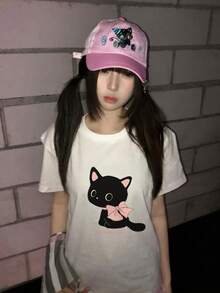 夏季新款 Gen Z 風格女款可愛小貓印花圓領短袖休閒白色 T 恤 - 白色 - 查看 7
