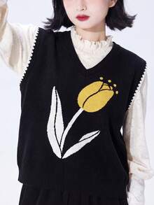 Alicedudu Women's Autumn Artistic Floral Pattern V-Neck Pullover Sweater Vest Black Fall - Black - View 4