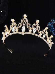 1pc Fashion Rhinestone Glass Alloy Crown Bridal Wedding Headpiece Holiday Birthday Party Women Accessory - Gold - View 3