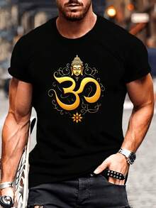Camiseta de Talla Grande para Hombre con Textura Arrugada, Símbolo Om y Diseño de Cara de Buda - Camiseta Gráfica Espiritual Azul Marino y Dorada, Transpirable, Casual de Verano, Manga Corta - Negro - Ver 1