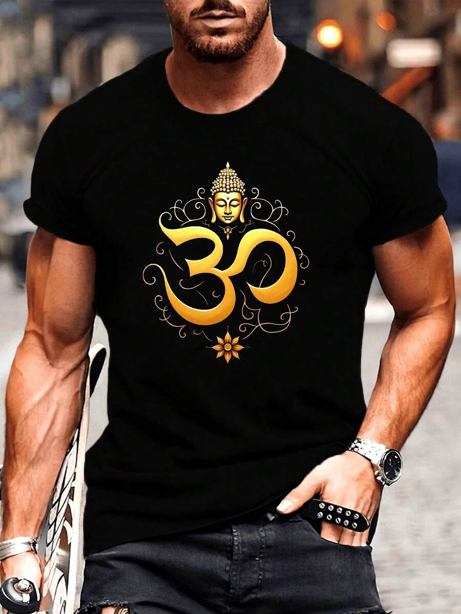 Camiseta de Talla Grande para Hombre con Textura Arrugada, Símbolo Om y Diseño de Cara de Buda - Camiseta Gráfica Espiritual Azul Marino y Dorada, Transpirable, Casual de Verano, Manga Corta - Negro - Ver 1
