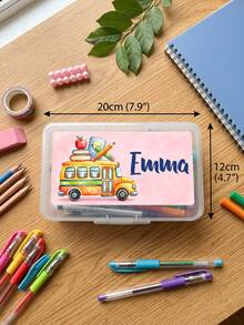 1pc Custom Pencil Case With Name, Clear Pencil Box With Cartoon Apple/Bus Design, Perfect Back To School Gift For Students,Ideal For Classroom And Home Use - Multicolor - View 6