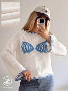 Women's Round Neck Long Sleeve Blue & White Contrast Color Double Fish Pattern Pullover Sweater, Loose Slouchy Autumn/Winter Versatile Slimming Top - Beige - View 4