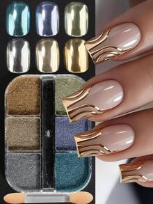 FULL BEAUTY 6-Fach Metallisches Nagelpulver mit Pinsel, Blau-Grün, Grün, Gold, Champagner Spiegel Nagelpigment, Metallischer Effekt Holografischer Glitzer Nagelbedarf, Geeignet für minimalistische und Vintage Nagelkunst, Halloween/Hochzeit/Feiertags Nageldekoration - Verschiedenfarbig - Übersicht 2