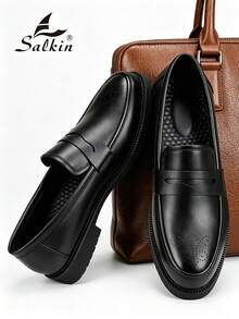 Salkin 時尚復古設計師男士樂福鞋一腳蹬便士紳士皮鞋布洛克優雅尖頭商務正裝鞋男士社交鞋素色鞋面防滑耐磨底日常休閒鞋男士開學季大學風學生鞋畢業典禮日常西裝百搭派對宴會婚禮時尚新郎鞋四季男鞋節日禮物，尺寸偏大，請選擇小一號 - 黑色 - 查看 1