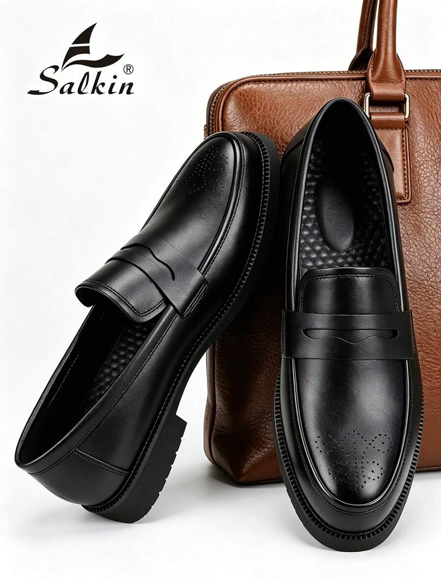 Salkin 時尚復古設計師男士樂福鞋一腳蹬便士紳士皮鞋布洛克優雅尖頭商務正裝鞋男士社交鞋素色鞋面防滑耐磨底日常休閒鞋男士開學季大學風學生鞋畢業典禮日常西裝百搭派對宴會婚禮時尚新郎鞋四季男鞋節日禮物,尺寸偏大,請選擇小一號 - 黑色 - 查看 1