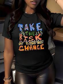 Frase motivacional colorida sobre arriesgarse para ganar éxito inspira superación personal en esta suave camiseta de mujer casual - Negro - Ver 8