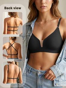1pc Women's Casual Minimalist Solid Color Deep V-Neck Spaghetti Strap Backless Bra, Comfortable & Suitable For Wedding Dress - Black - View 2