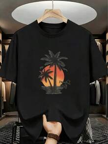 1 pieza Playera De Hombre.manga corta 100% algodón puro, cuello redondo casual con estampado, manga corta transpirable para uso diario, dise?o creativo Coco al atardecer para hombre - Negro - Ver 1
