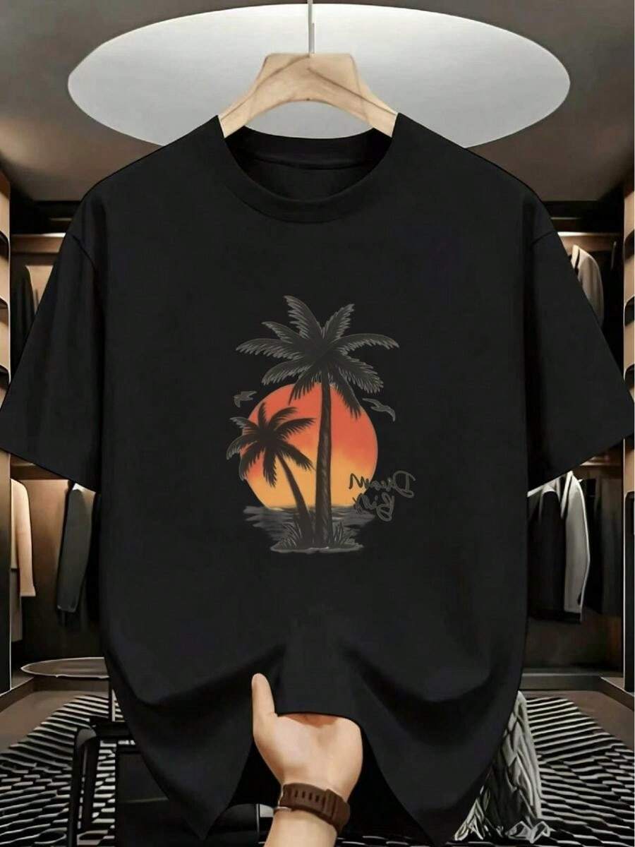 1 pieza Playera De Hombre.manga corta 100% algodón puro, cuello redondo casual con estampado, manga corta transpirable para uso diario, dise?o creativo Coco al atardecer para hombre - Negro - Ver 1