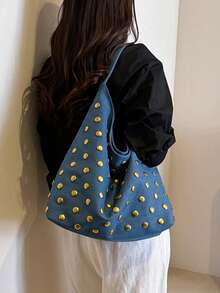 1pc Vintage Suede Large Capacity Shoulder Tote Bag, New Style, Suitable For Work, Shopping, School - Baby Blue - View 2