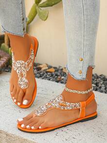 Fashion Plus Size Glamorous Rhinestone Embellished Elastic Back Strap Round Toe Low Heel Women's Flat Sandals T-Strap Toe Sandals Comfortable Soft Sole Women's Sandals Orange Sandals Fashion Sexy Bohemian Vacation Style Summer Sandals Pair With Skirts Elegant Women's Shoes Suitable For Daily Wear Vacation Travel Leisure Gathering Beach Sandals Women's Shoes Pattern Texture Random - Orange - View 2