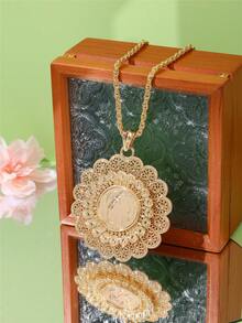 1pc Vintage Court Coin Flower Shaped Women's Necklace, Hollow Carved With Napoleon III Portrait Coin Inlaid In The Middle, Arabic Women's Wedding Banquet Festival Robe Dress Accessory Jewelry Pendant - Multicolor - View 1