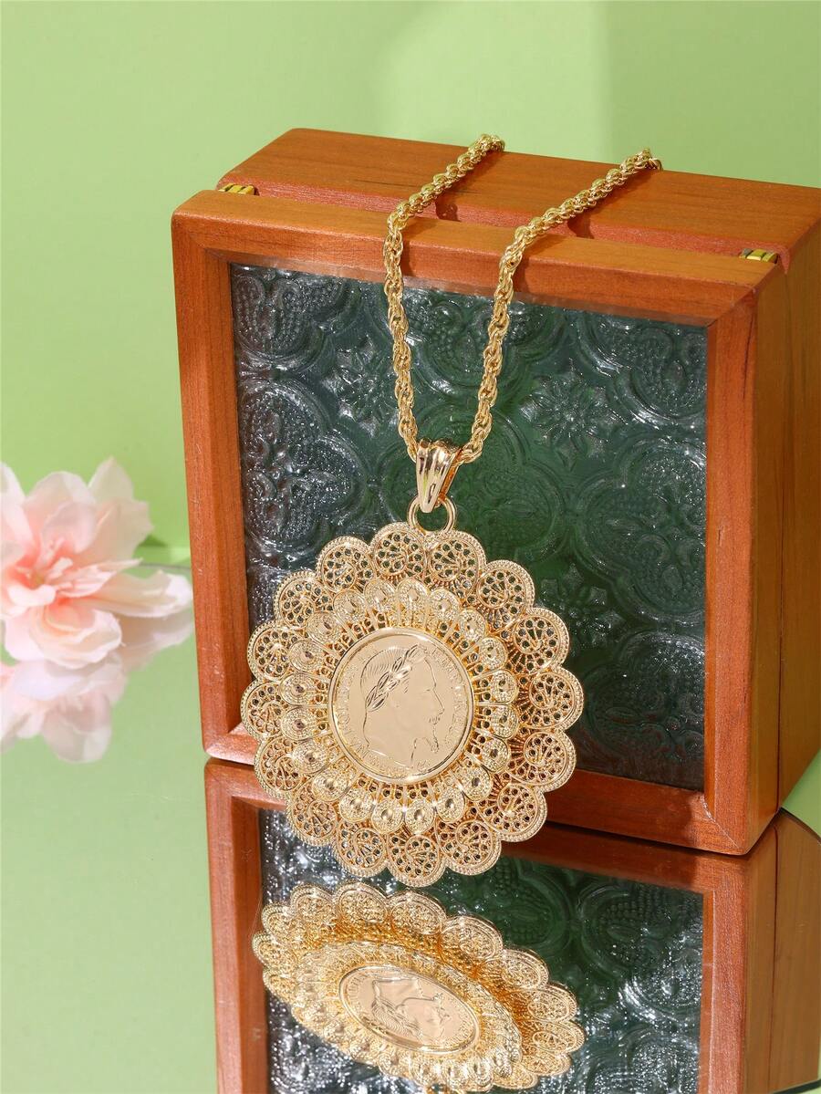 1pc Vintage Court Coin Flower Shaped Women's Necklace, Hollow Carved With Napoleon III Portrait Coin Inlaid In The Middle, Arabic Women's Wedding Banquet Festival Robe Dress Accessory Jewelry Pendant - Multicolor - View 1
