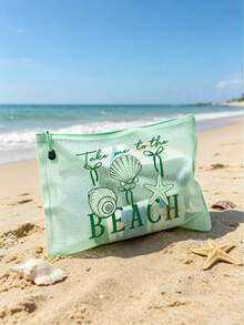 PVC 化妝包，多色防水時尚網格海灘包，印有「BEACH」海星圖案化妝包，海灘主題。大容量透明化妝包，尼龍拉鍊盥洗包，輕巧，可存放防曬霜、零食、比基尼和海灘必需品。春/夏收納，適用於游泳、度假、返校、宿舍日常使用 - 彩色 - 查看 8