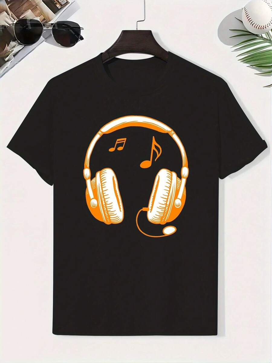 Kids' Cotton T-Shirt With Headphone Theme - Headphone And Letter Print, Lightweight Short Sleeve Summer Shirt, Crew Neck, Comfortable Clothing For Playing And Outdoor Activities - 黑色 - 查看 1