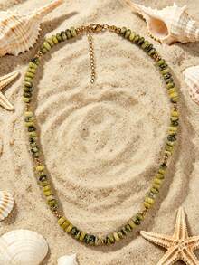 1pc European And American Bohemian Round Geometric Natural Stone Cracked Effect Beaded Short Necklace With Stainless Steel Accessories For Summer Beach Vacation - Stone Bead Stainless Steel Necklace - View 17