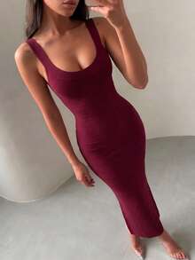 Women's Fashion Summer Sexy Elegant Backless Spaghetti Strap Red Long Ribbed Bodycon Bandage Dress, Evening Party Cocktail Nightclub Dress - Burgundy - View 3