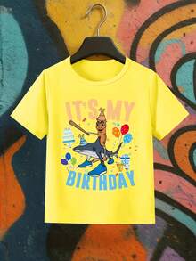 Camiseta de Fiesta Divertida de Cumpleaños, Patrón de la Serie Italian Brain Rot, Camiseta de Cuello Redondo con Estampado de Letras "It'S My Birthday", Corte Regular, Lavable a Máquina - Amarillo - Ver 1