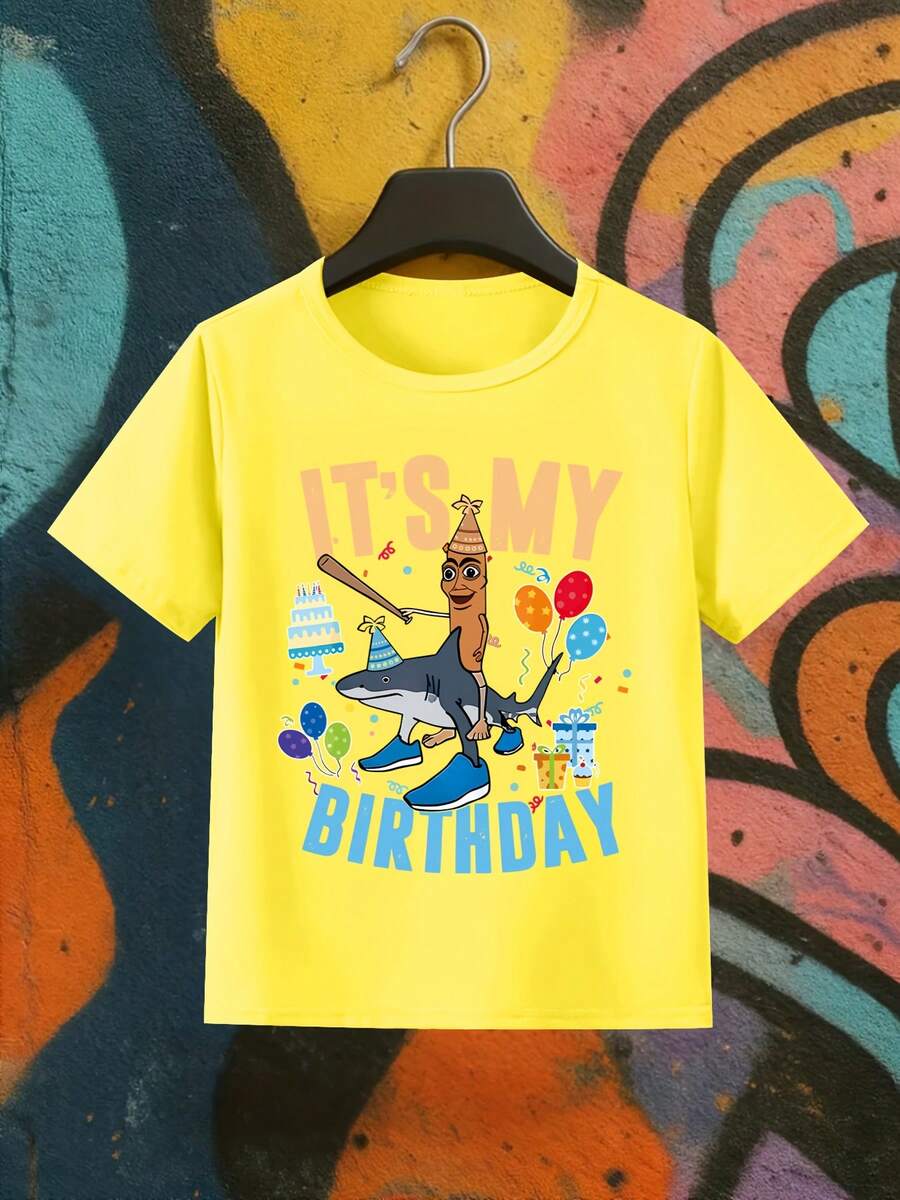 Camiseta de Fiesta Divertida de Cumpleaños, Patrón de la Serie Italian Brain Rot, Camiseta de Cuello Redondo con Estampado de Letras "It'S My Birthday", Corte Regular, Lavable a Máquina - Amarillo - Ver 1